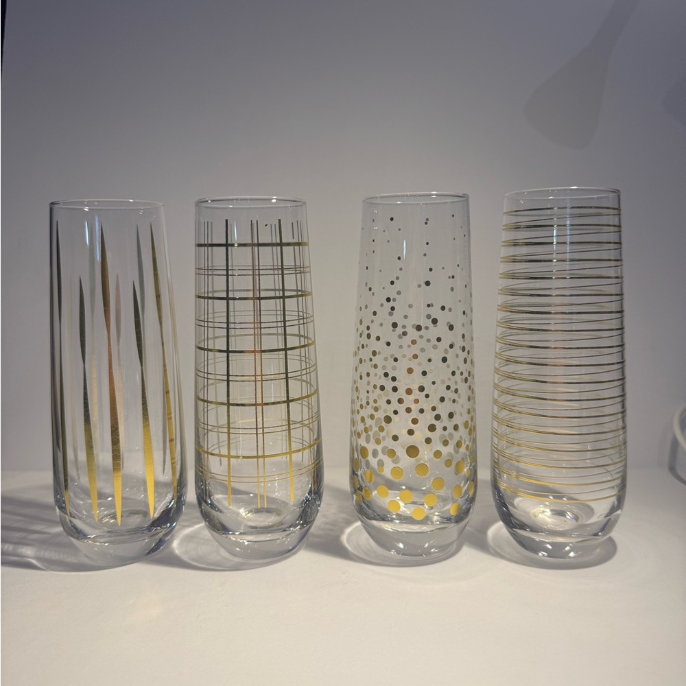 Christian Siriano Gold Patterned Stemless Champagne Flutes- Set of 4